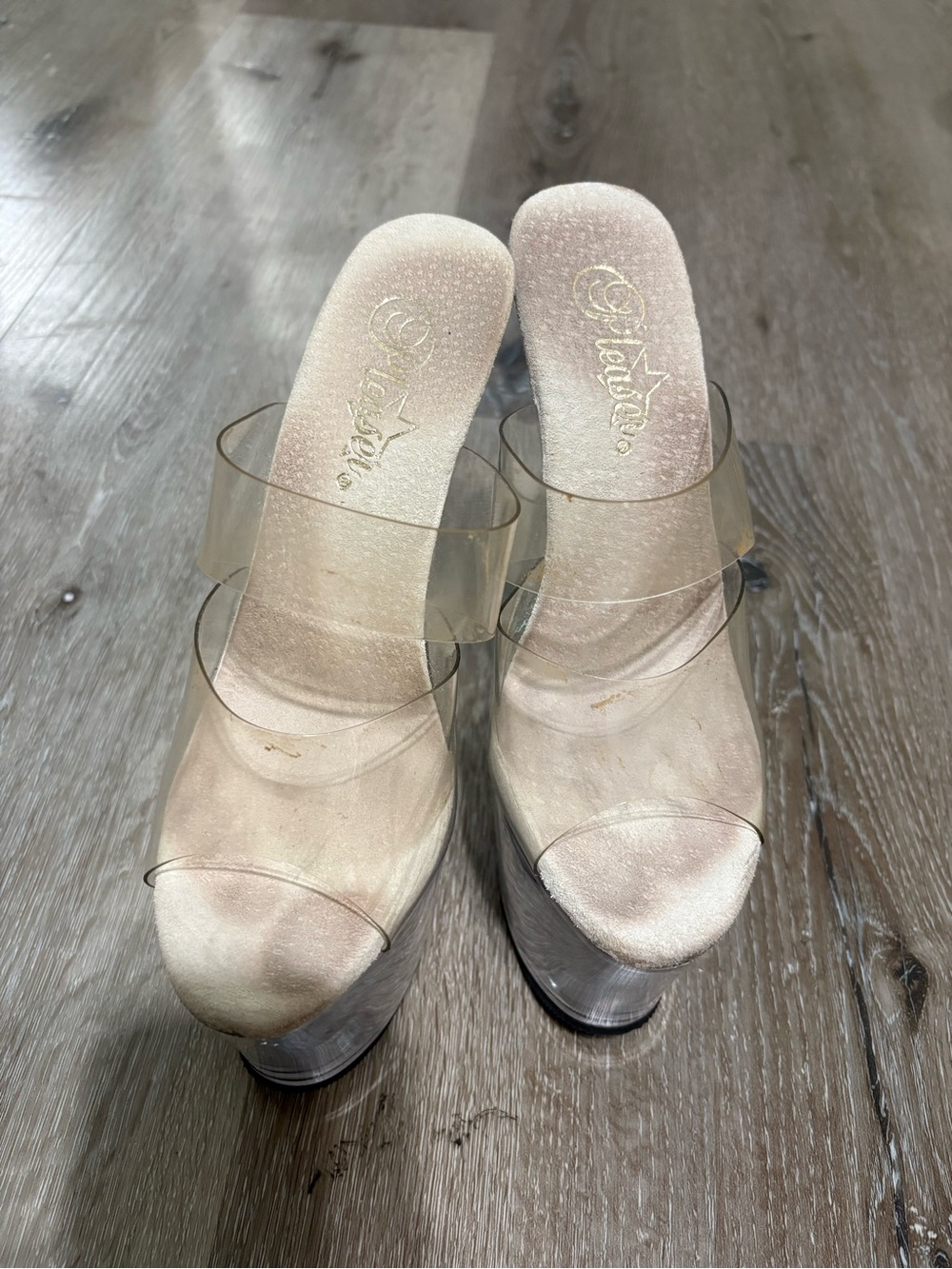 Pleaser Clear Platform Stiletto Mules with Rhinestone Silver Heel - Picture 3 of 4
